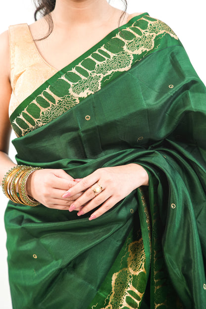 Bottle Green Banarasi Silk Saree with Gold Zari Forest Border