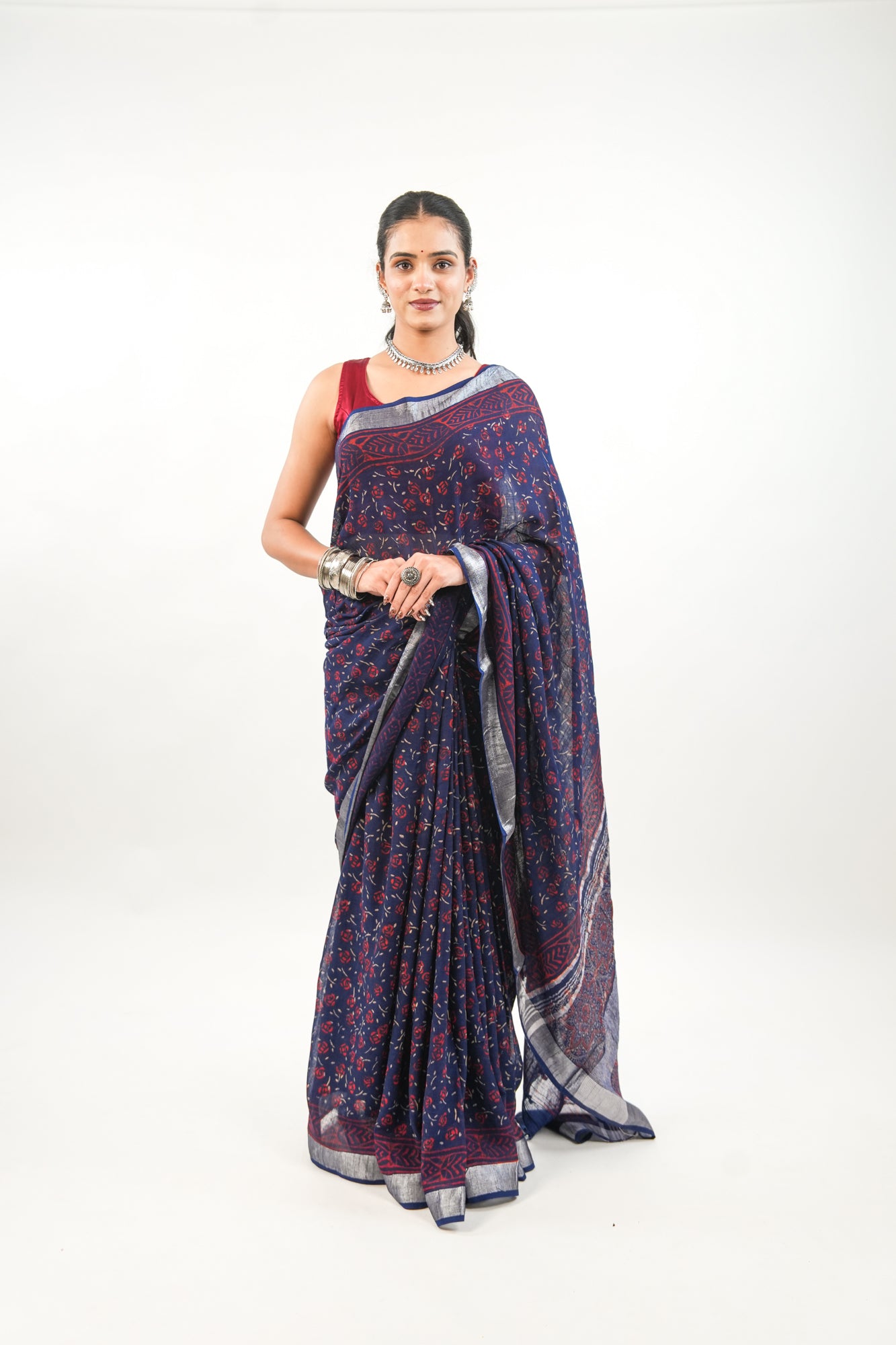 Indigo Navy Blue Floral Linen Cotton Saree