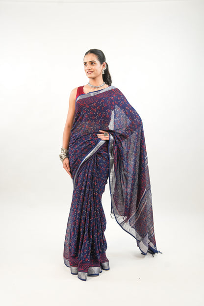 Indigo Navy Blue Floral Linen Cotton Saree