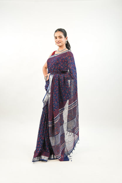 Indigo Navy Blue Floral Linen Cotton Saree