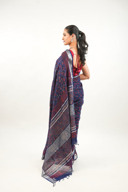 Indigo Navy Blue Floral Linen Cotton Saree