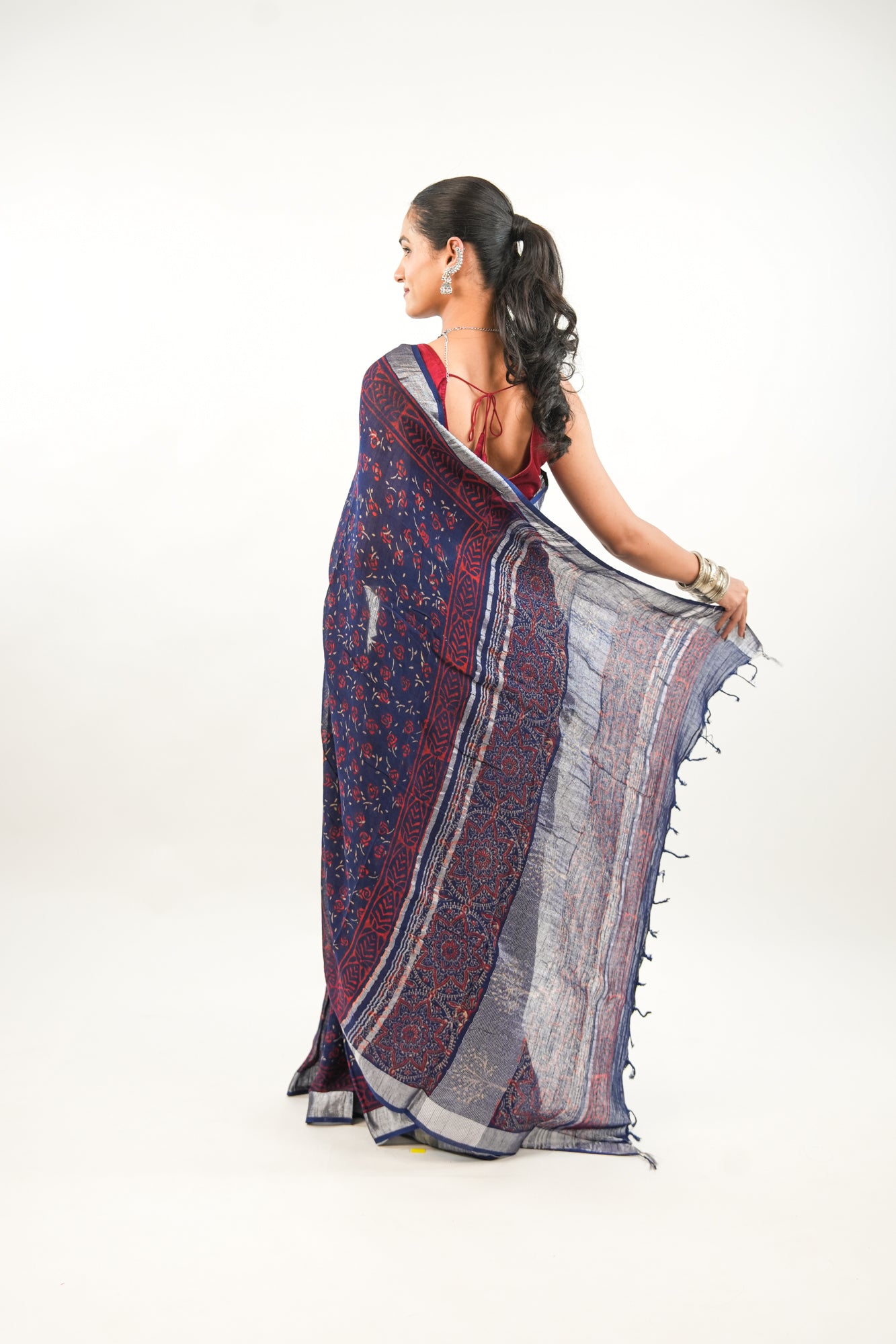 Indigo Navy Blue Floral Linen Cotton Saree