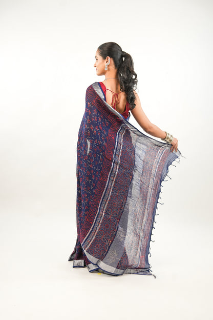 Indigo Navy Blue Floral Linen Cotton Saree