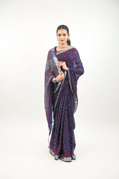 Indigo Navy Blue Floral Linen Cotton Saree