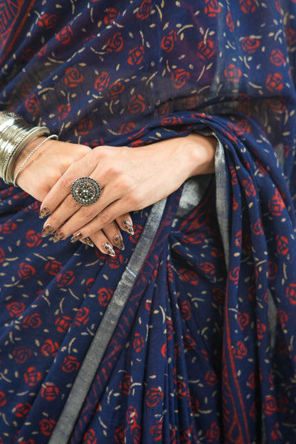 Indigo Navy Blue Floral Linen Cotton Saree