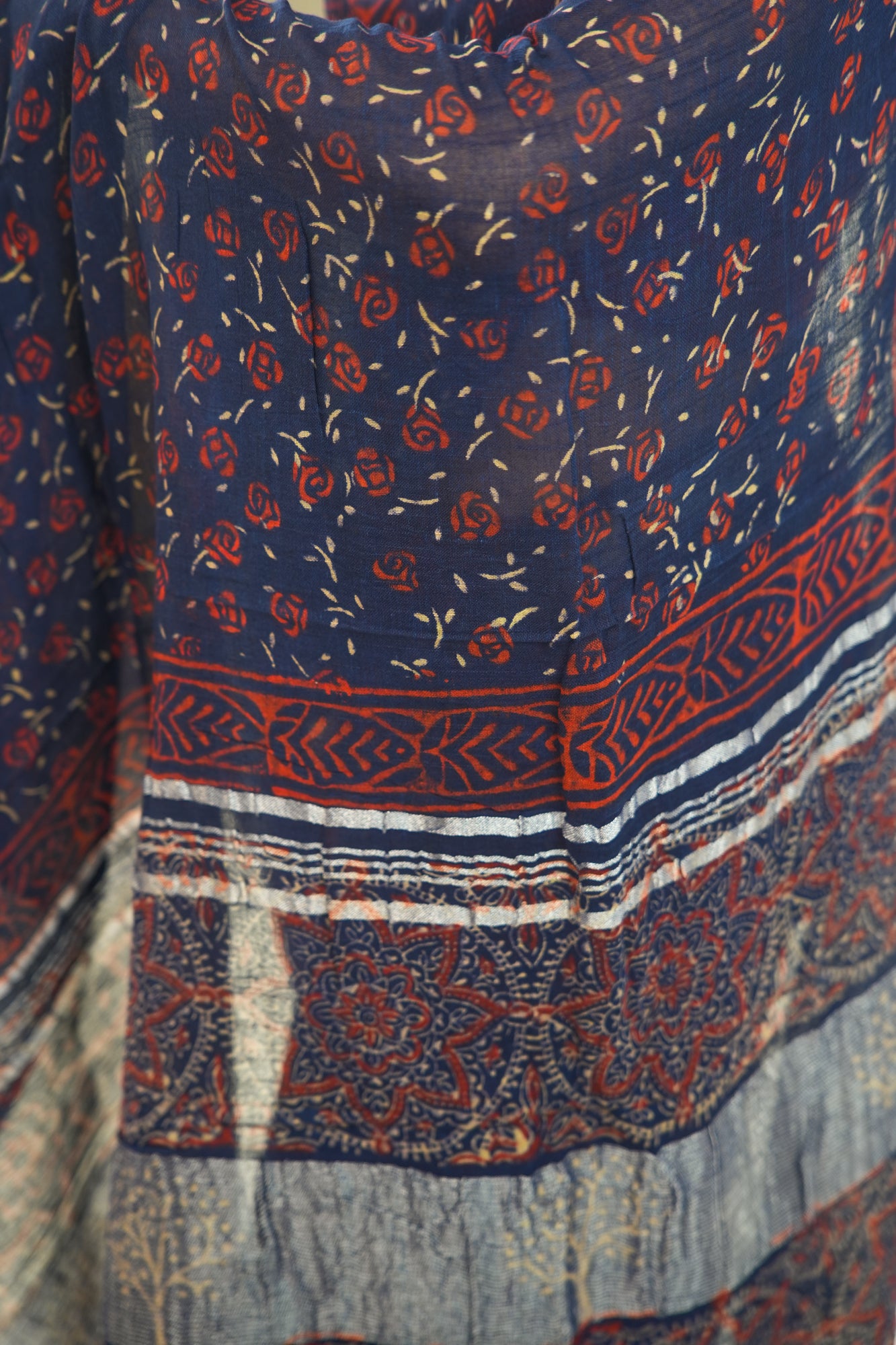 Indigo Navy Blue Floral Linen Cotton Saree