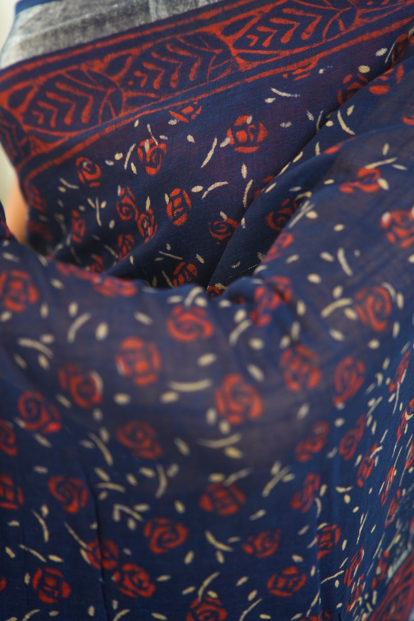 Indigo Navy Blue Floral Linen Cotton Saree