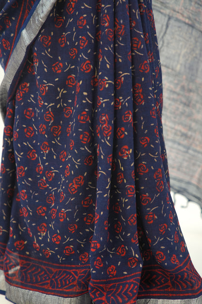 Indigo Navy Blue Floral Linen Cotton Saree