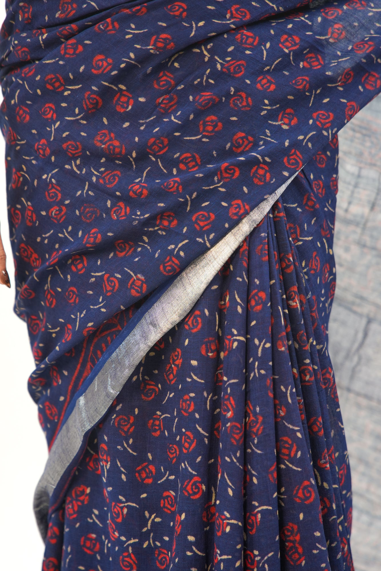 Indigo Navy Blue Floral Linen Cotton Saree