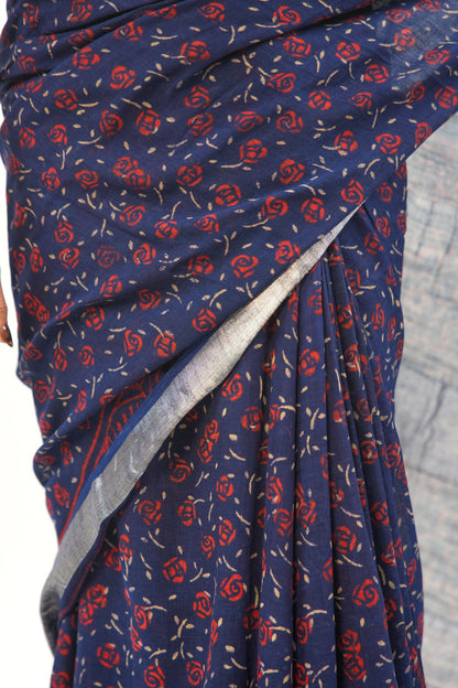 Indigo Navy Blue Floral Linen Cotton Saree