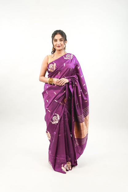 Royal Purple Banarasi Silk Saree with Twin Peacock Tree Motif