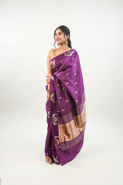 Royal Purple Banarasi Silk Saree with Twin Peacock Tree Motif