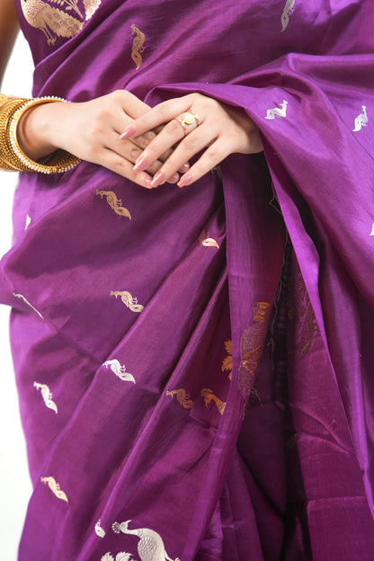 Royal Purple Banarasi Silk Saree with Twin Peacock Tree Motif