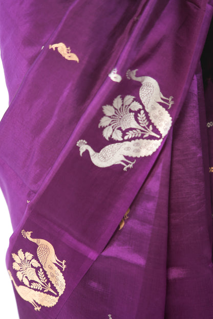 Royal Purple Banarasi Silk Saree with Twin Peacock Tree Motif