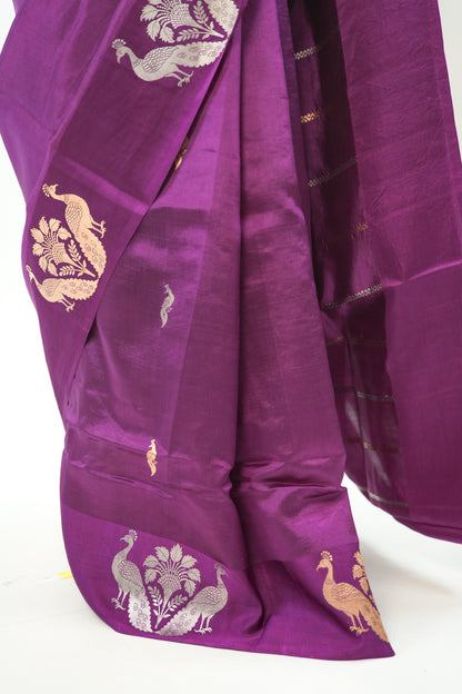 Royal Purple Banarasi Silk Saree with Twin Peacock Tree Motif