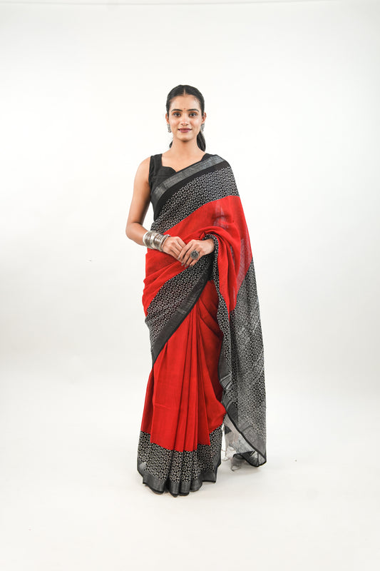 Scarlet Red Linen Cotton Saree with Black & White Floral Border