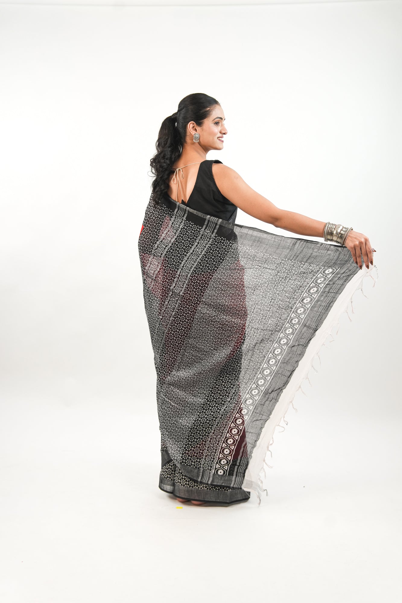 Scarlet Red Linen Cotton Saree with Black & White Floral Border
