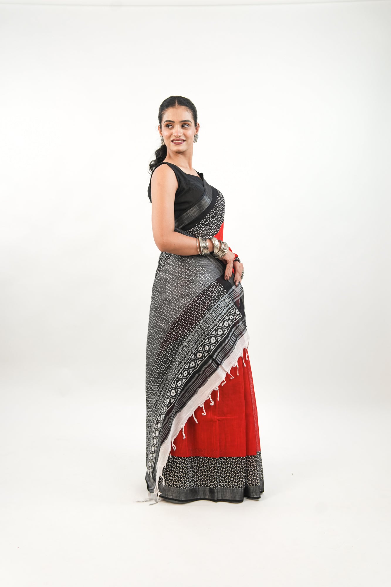 Scarlet Red Linen Cotton Saree with Black & White Floral Border