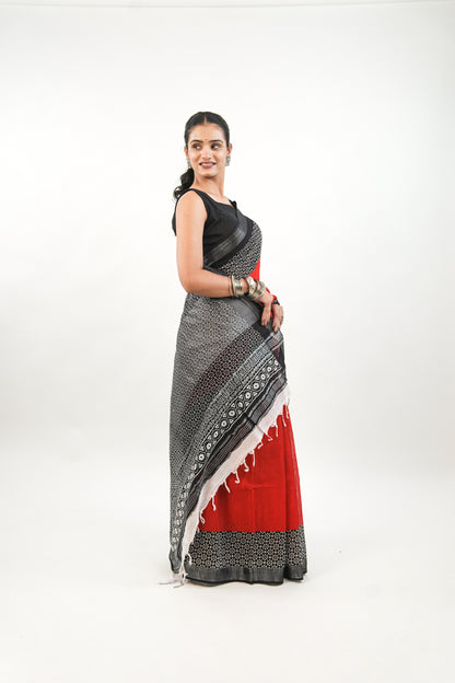 Scarlet Red Linen Cotton Saree with Black & White Floral Border