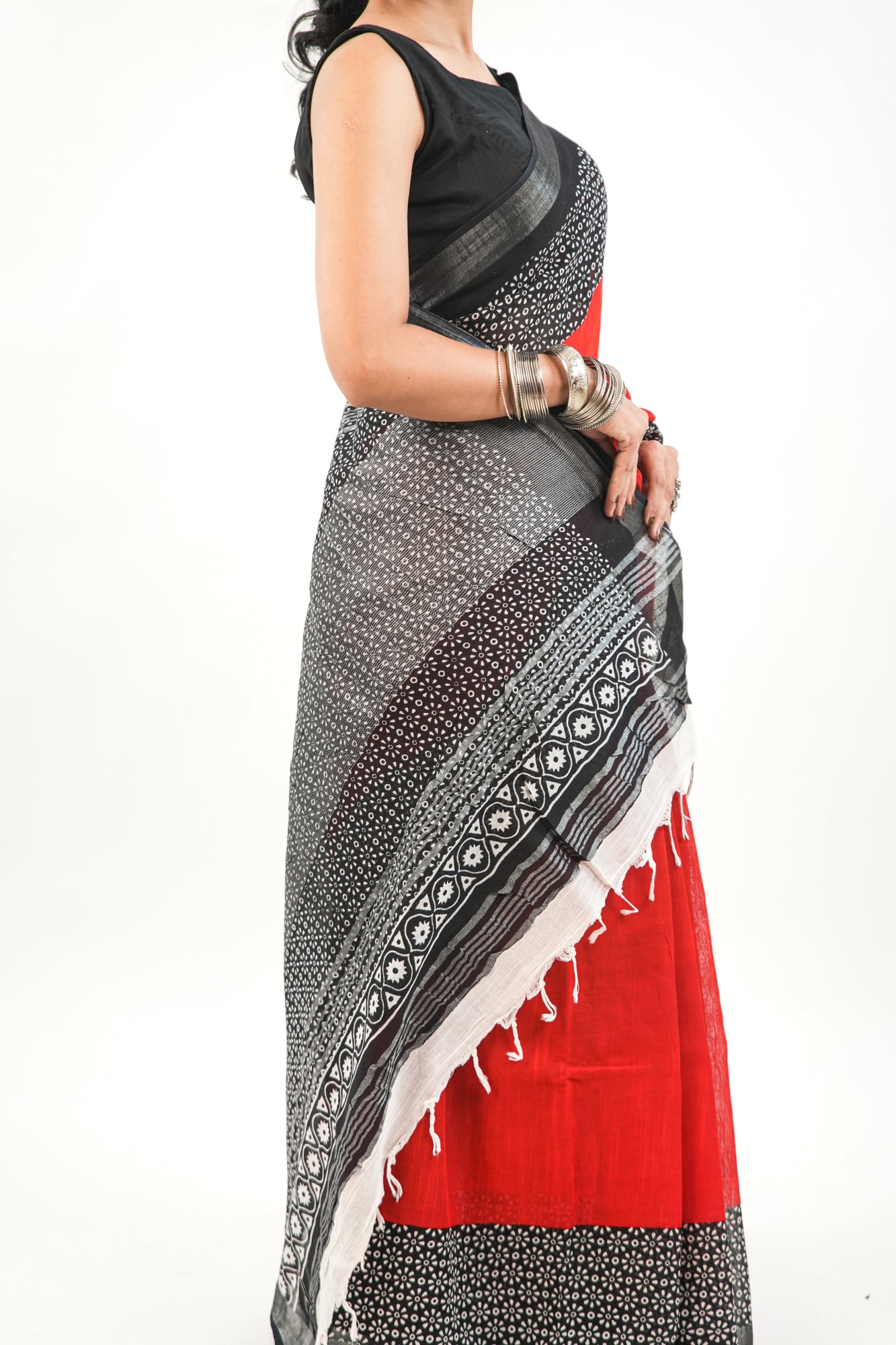 Scarlet Red Linen Cotton Saree with Black & White Floral Border