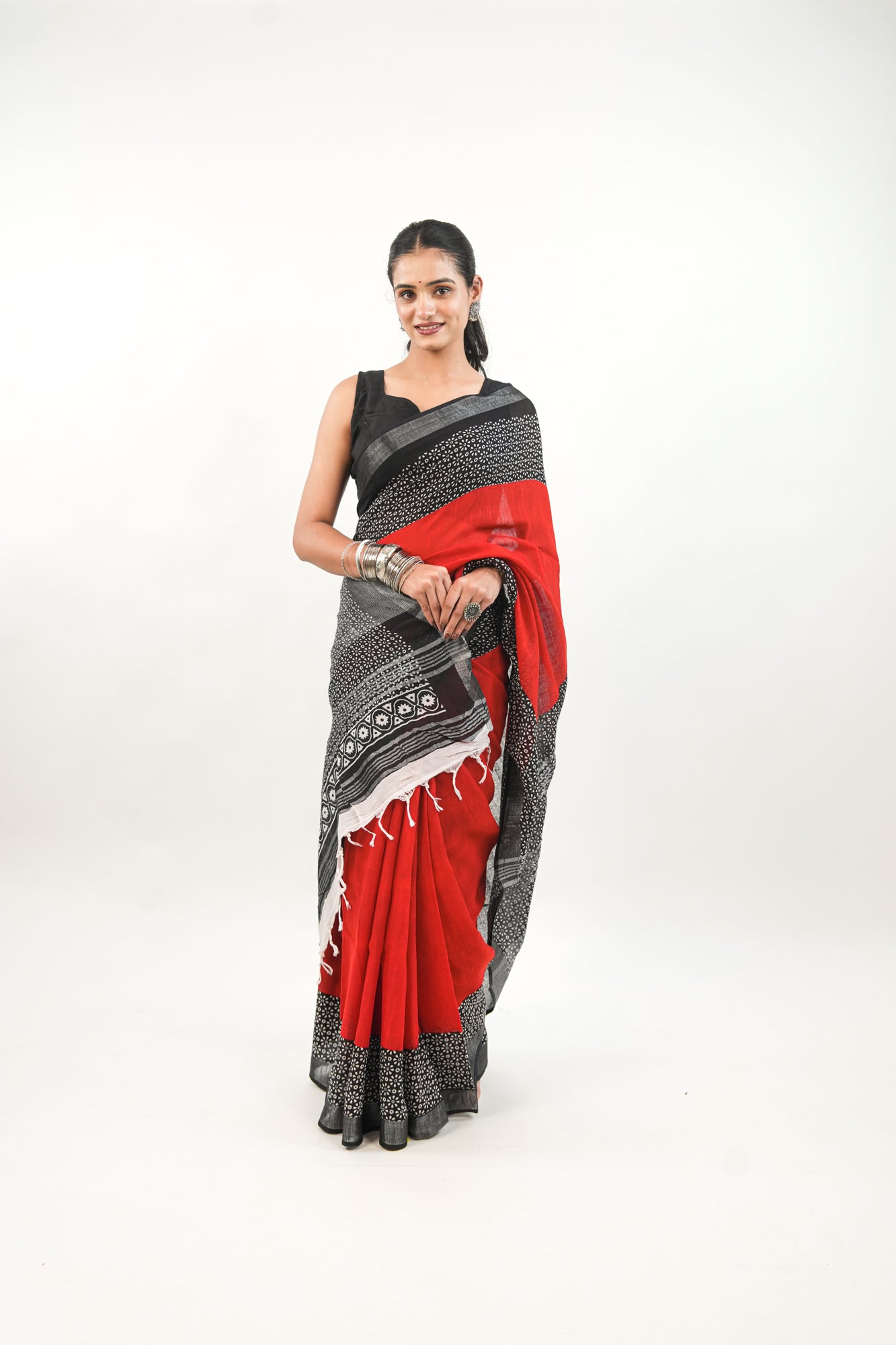 Scarlet Red Linen Cotton Saree with Black & White Floral Border