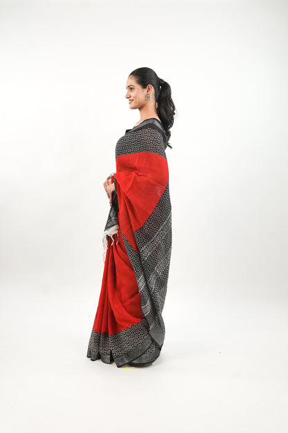 Scarlet Red Linen Cotton Saree with Black & White Floral Border