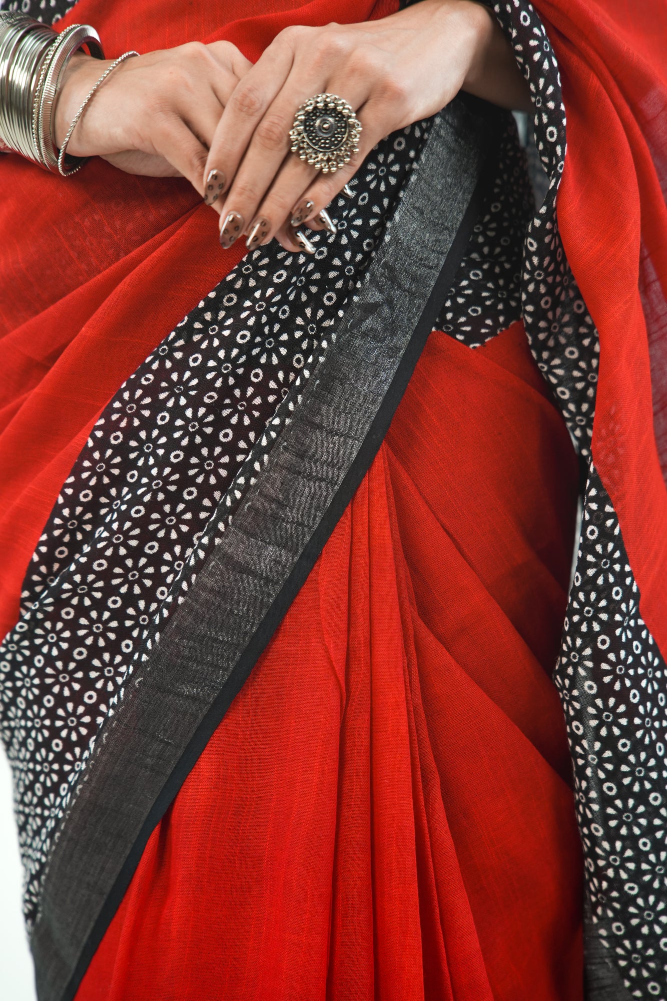 Scarlet Red Linen Cotton Saree with Black & White Floral Border