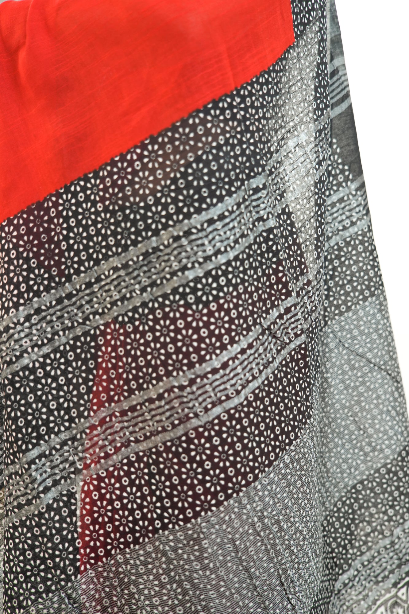 Scarlet Red Linen Cotton Saree with Black & White Floral Border