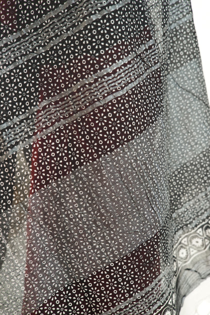 Scarlet Red Linen Cotton Saree with Black & White Floral Border
