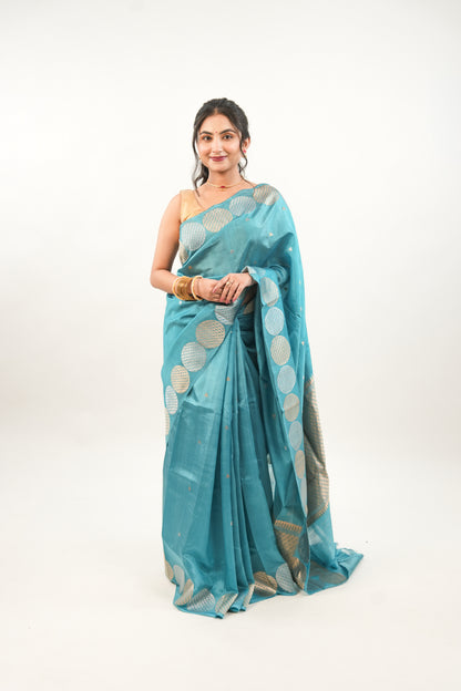 Peacock Teal Banarasi Silk Saree with Dual-Tone Chakra Border