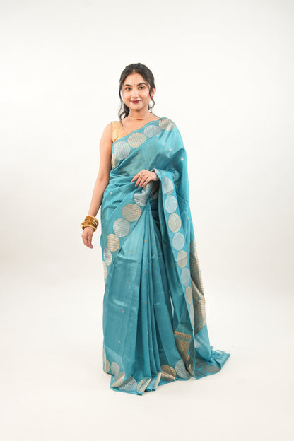 Peacock Teal Banarasi Silk Saree with Dual-Tone Chakra Border