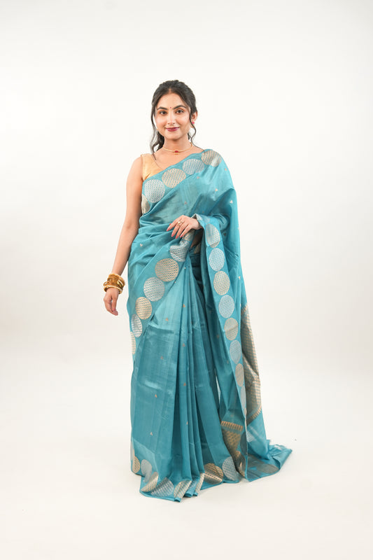Peacock Teal Banarasi Silk Saree with Dual-Tone Chakra Border