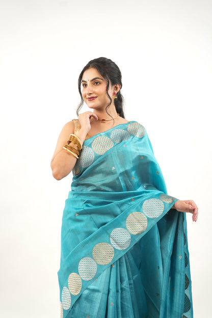 Peacock Teal Banarasi Silk Saree with Dual-Tone Chakra Border