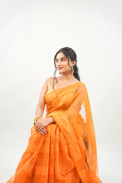 Mustard Gold Ghicha Tussar Saree with Windowpane Weave