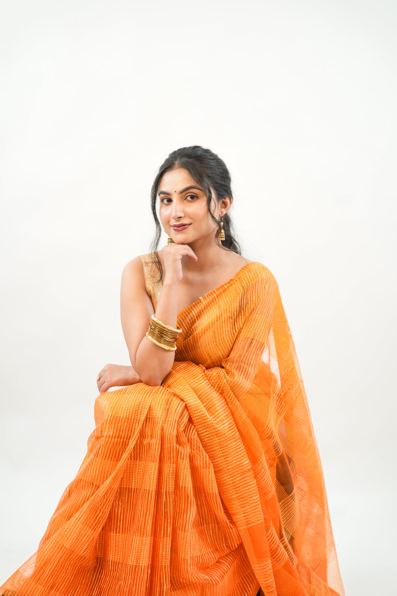 Mustard Gold Ghicha Tussar Saree with Windowpane Weave