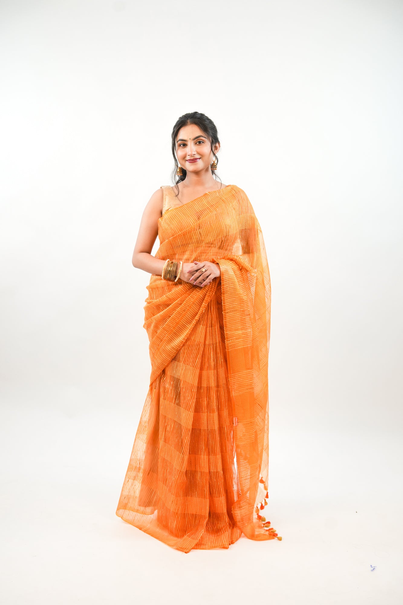 Mustard Gold Ghicha Tussar Saree with Windowpane Weave