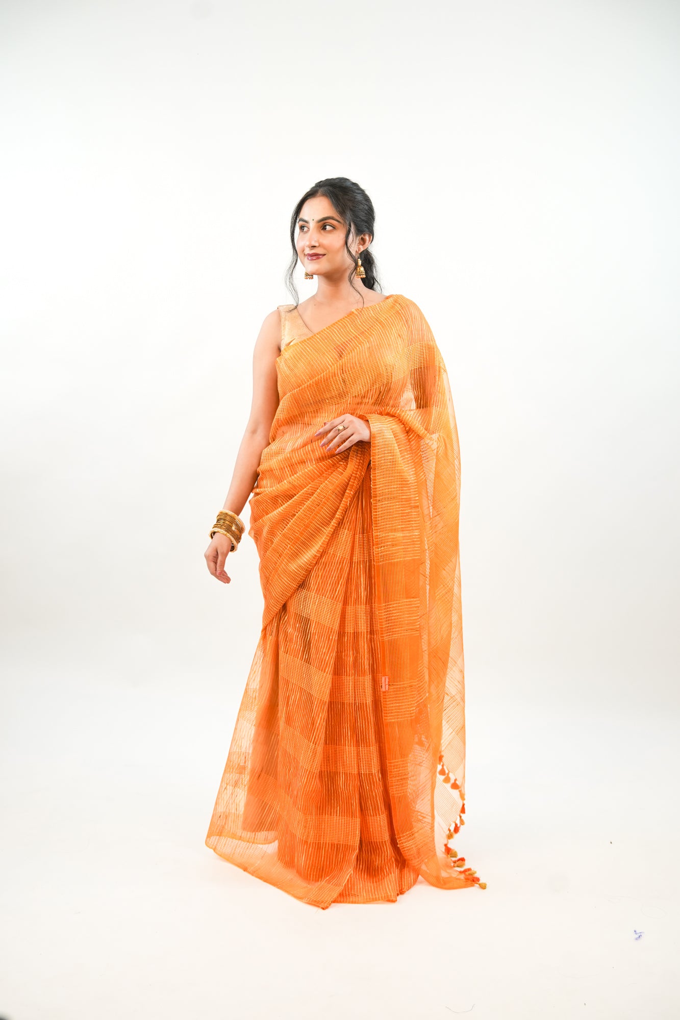 Mustard Gold Ghicha Tussar Saree with Windowpane Weave
