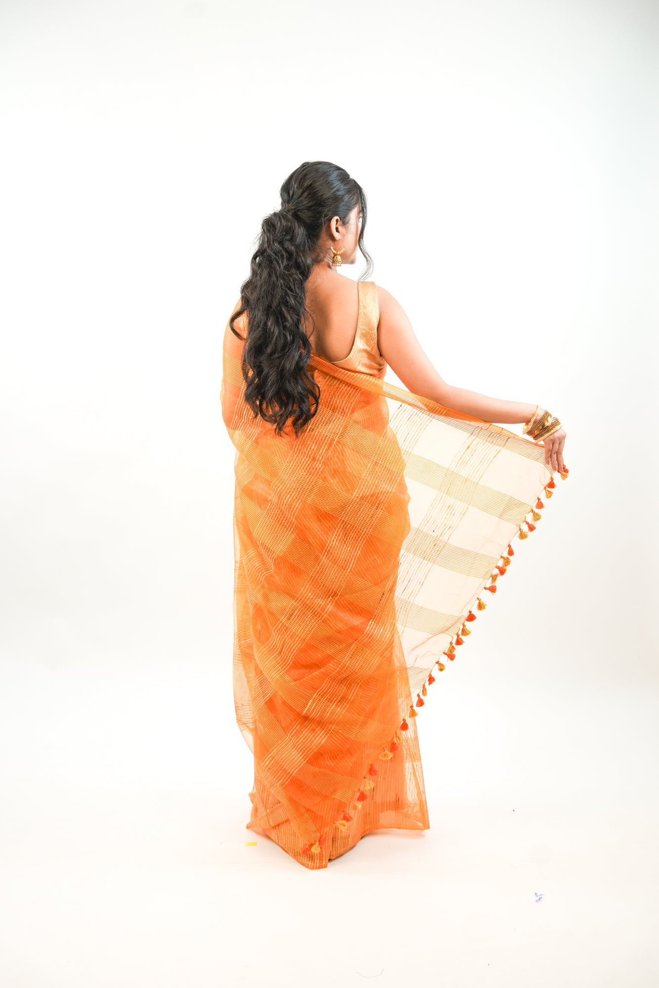 Mustard Gold Ghicha Tussar Saree with Windowpane Weave