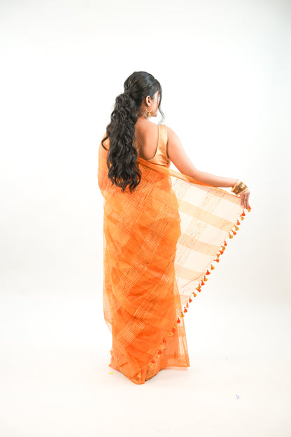 Mustard Gold Ghicha Tussar Saree with Windowpane Weave