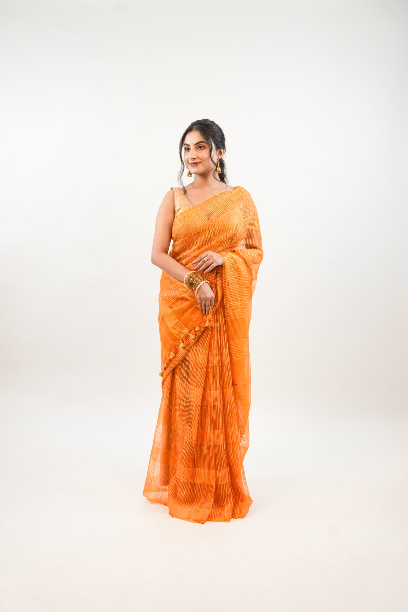 Mustard Gold Ghicha Tussar Saree with Windowpane Weave
