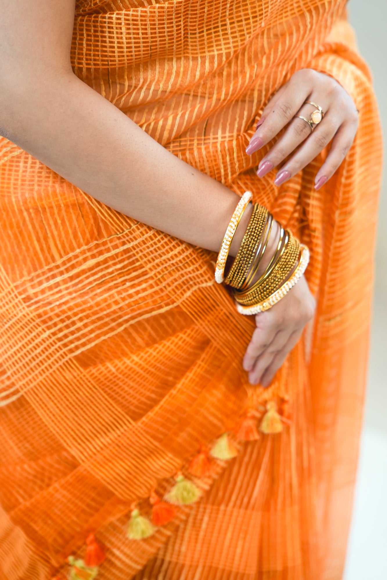 Mustard Gold Ghicha Tussar Saree with Windowpane Weave