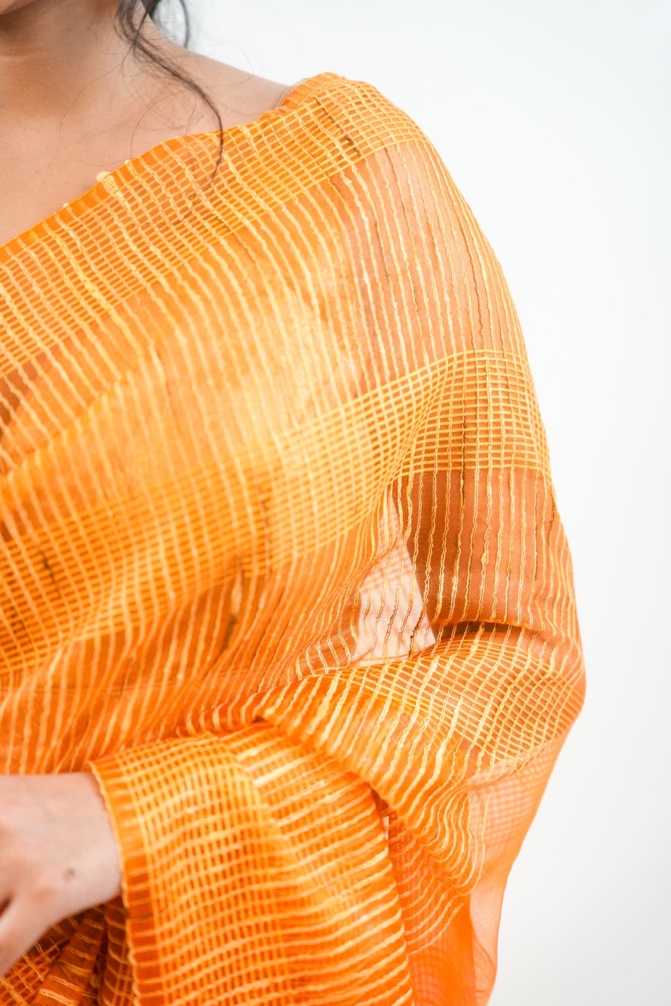 Mustard Gold Ghicha Tussar Saree with Windowpane Weave