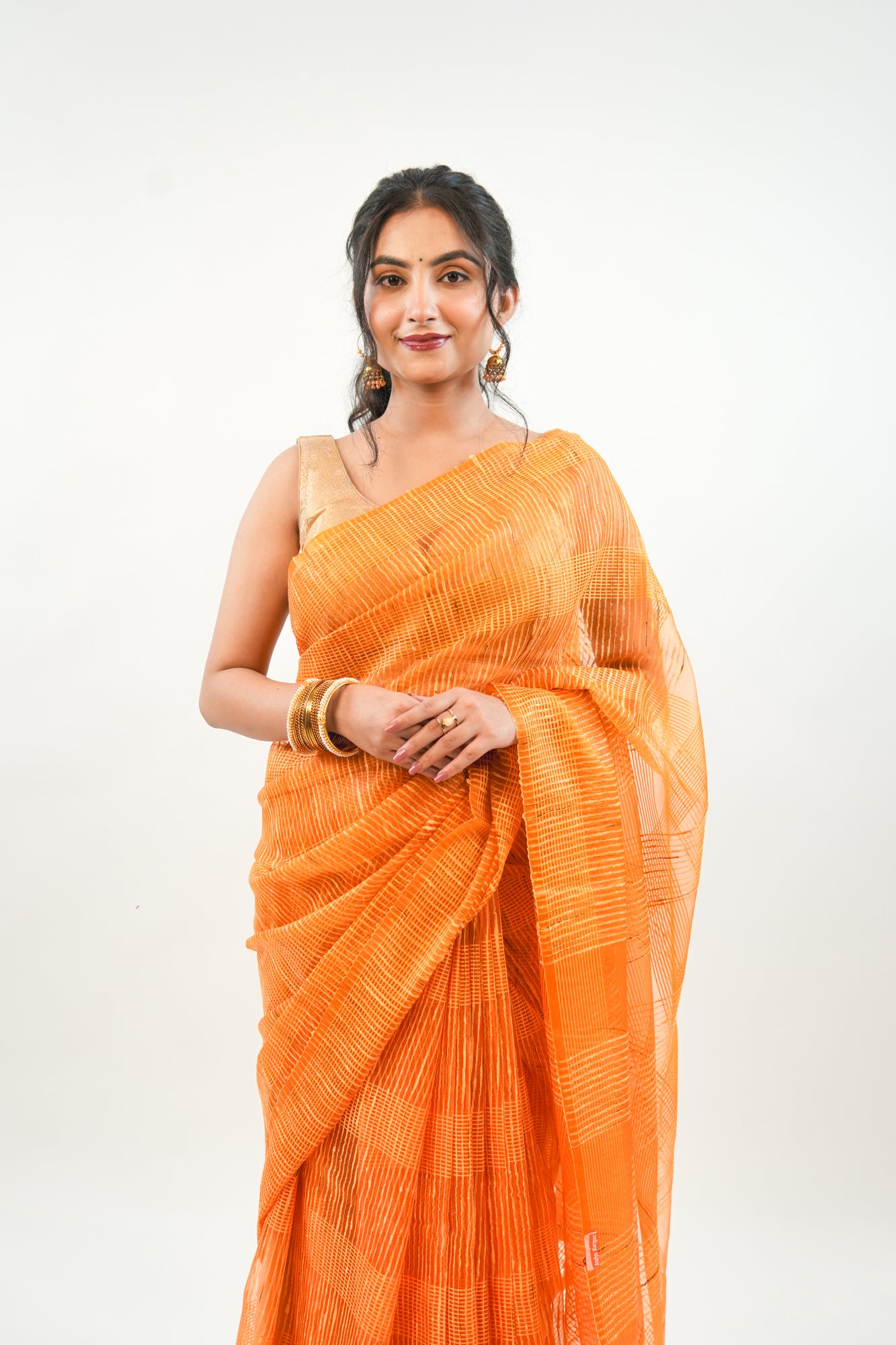 Mustard Gold Ghicha Tussar Saree with Windowpane Weave