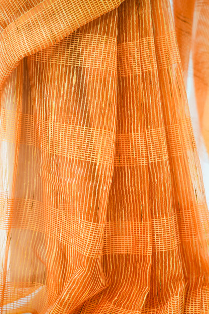 Mustard Gold Ghicha Tussar Saree with Windowpane Weave