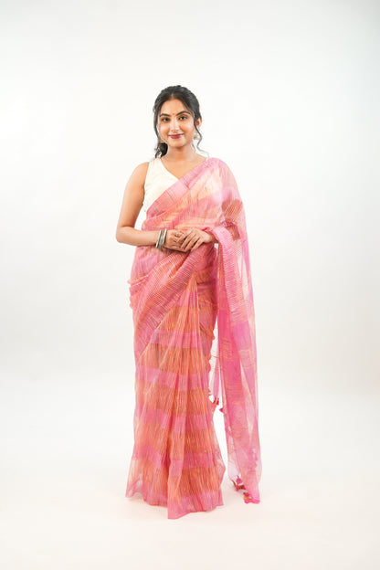 Onion Pink Ghicha Tussar Saree with Contrast Tassels