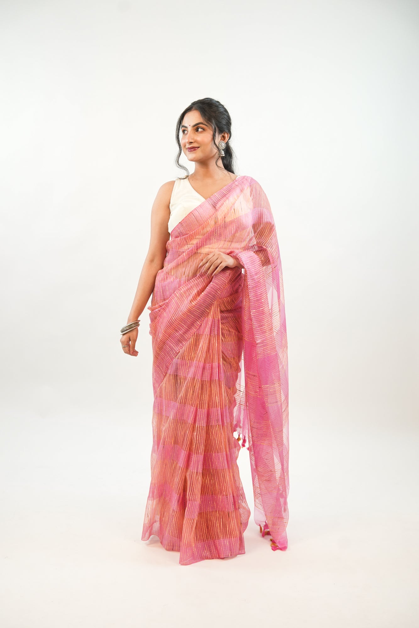 Onion Pink Ghicha Tussar Saree with Contrast Tassels