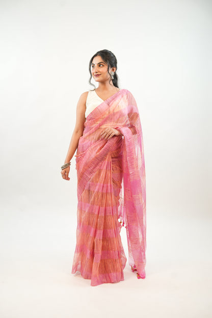 Onion Pink Ghicha Tussar Saree with Contrast Tassels