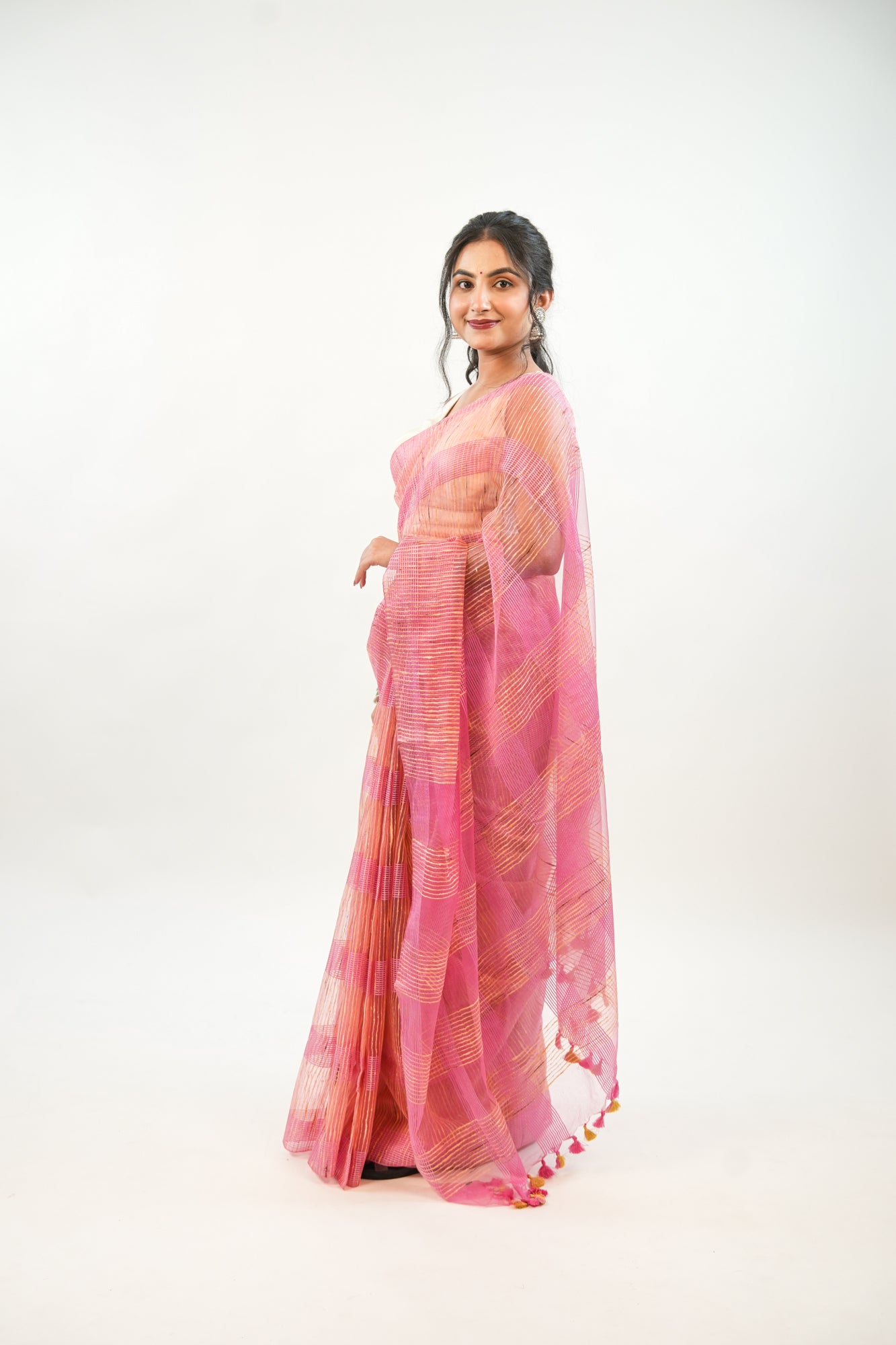 Onion Pink Ghicha Tussar Saree with Contrast Tassels