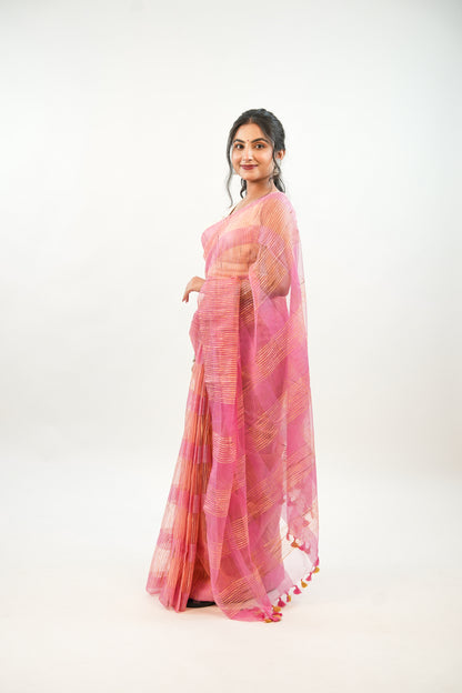 Onion Pink Ghicha Tussar Saree with Contrast Tassels