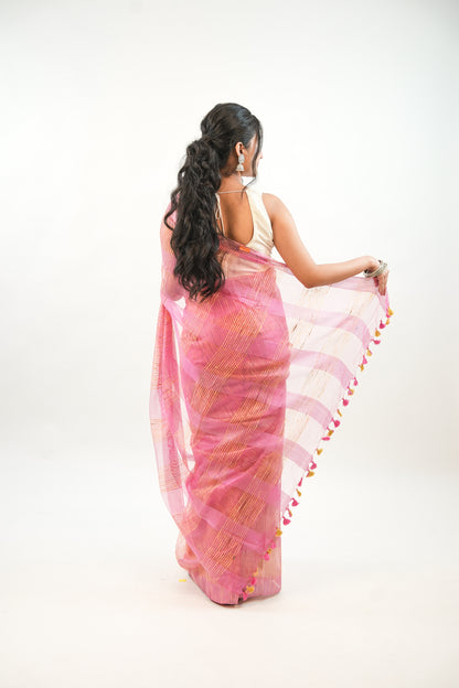 Onion Pink Ghicha Tussar Saree with Contrast Tassels